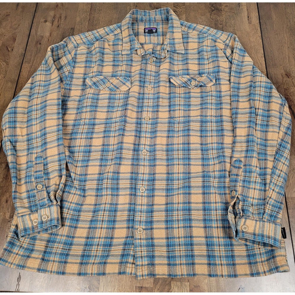 Patagonia Mens XXL Fjord Flannel Shirt Blue Tan Plaid Organic Cotton STY53947